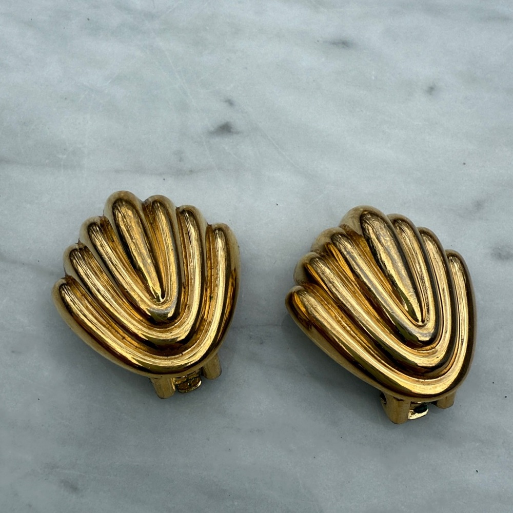 Gold-Tone Shell Clip Earrings - Signed Christian Dior